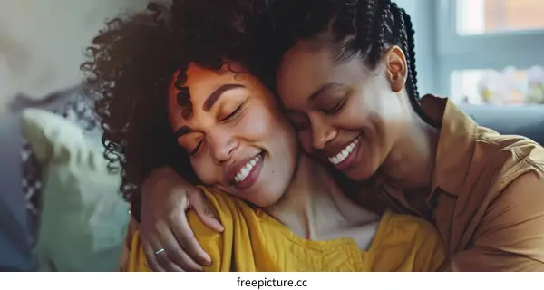 Two young African-American women smiling and embracing