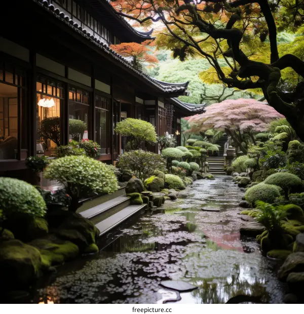 A Picturesque Japanese Garden Oasis: Tranquil Pond, Verdant Trees, and Lush Shrubs