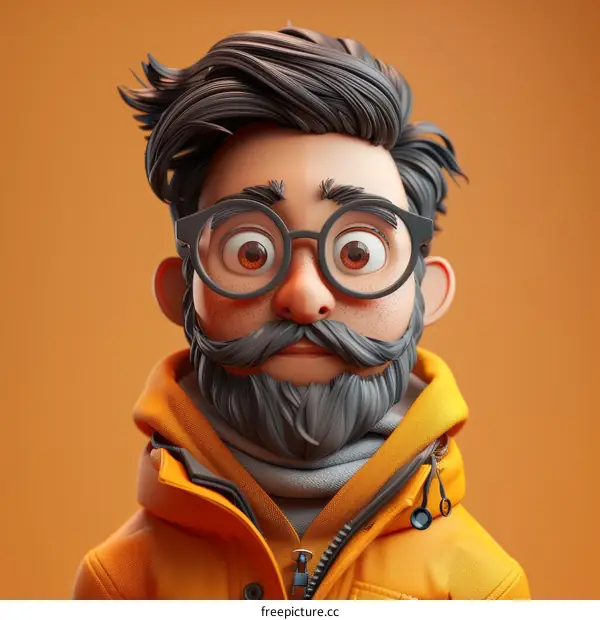 3D cartoon character of a man with a beard and glasses