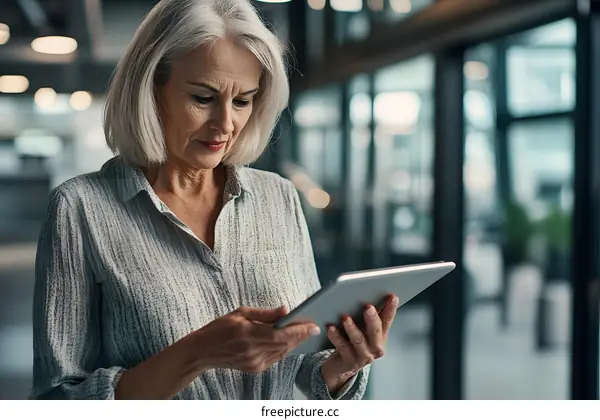 Senior Woman Using Tablet In Office Hallway