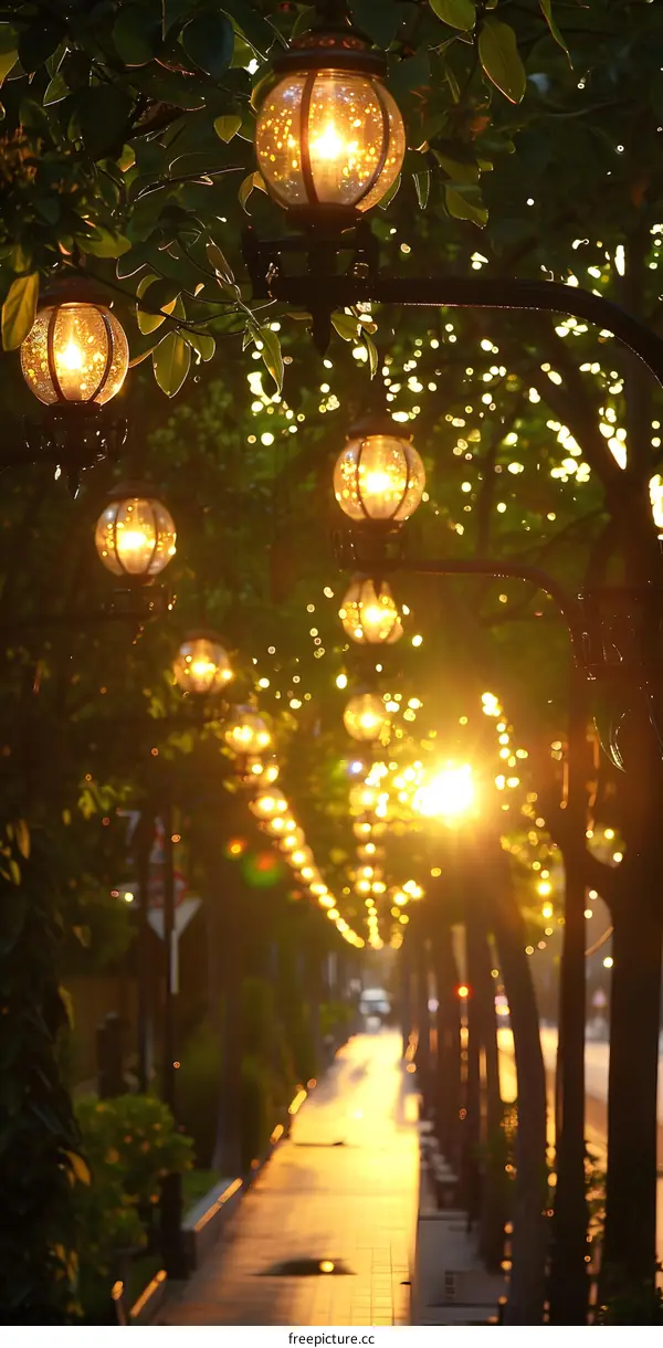 The warm glow of street lights at dusk