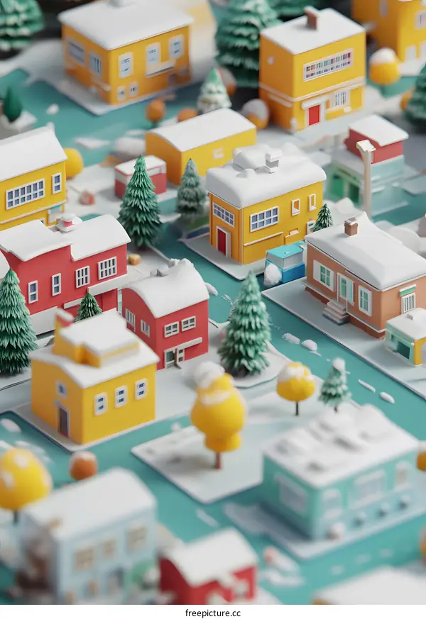 Winter Village Miniature Model with Snowy Roofs and Trees