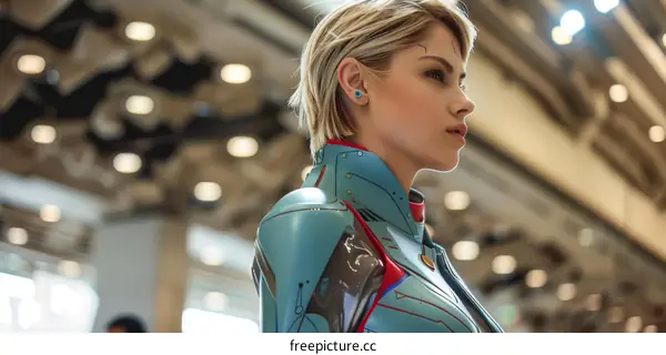 Portrait of a young woman with short blonde hair and blue eyes wearing a futuristic outfit