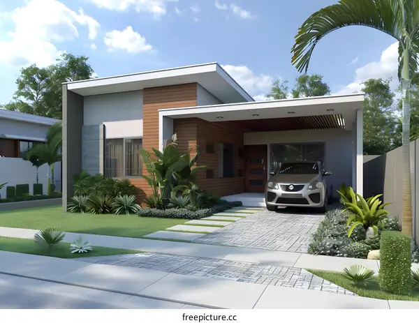 Modern House with Green Lawn and Palm Trees