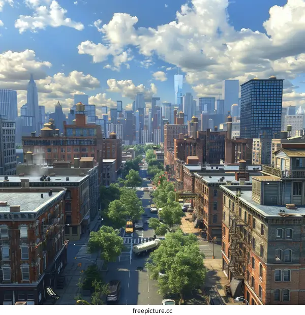 Modern City Street with Skyscrapers and Futuristic Architecture