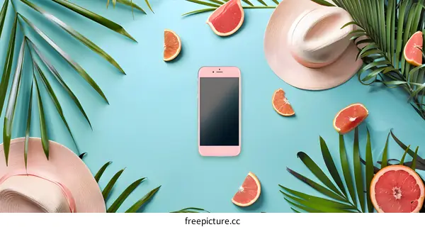 Summer Flat Lay with Pink Phone and Palm Leaves