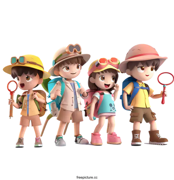 Four cheerful kids in safari outfits are ready to explore the wilderness