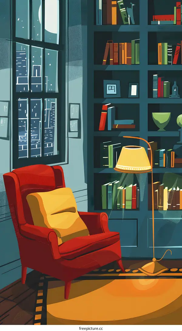 Night View Through Window In Living Room With Armchair And Bookshelf