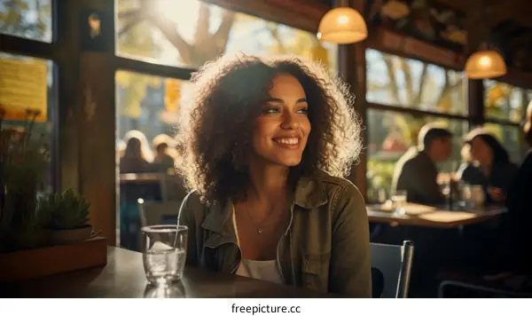 A young woman with curly hair is sitting in a restaurant smiling