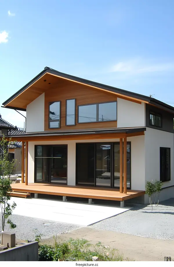 Modern Japanese Style House With Wooden Deck And Large Windows