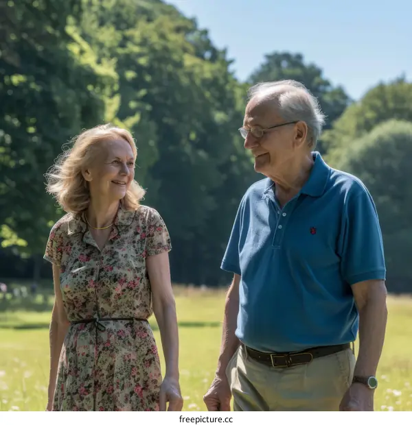 An elderly couple is walking in the park