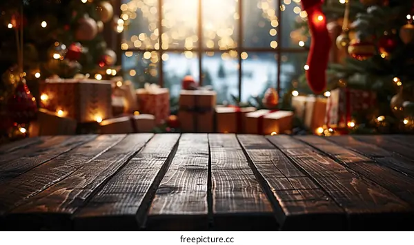 Rustic wooden table with blurred Christmas lights and decorations in the background