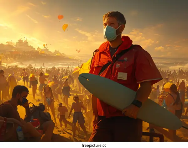 Lifeguard wearing a mask on a crowded beach