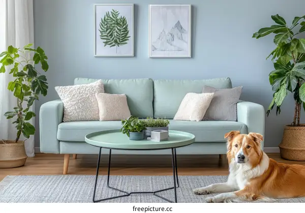 Modern Living Room Interior with Dog