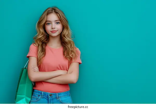 Teenage Girl with Shopping Bags Against Teal Background