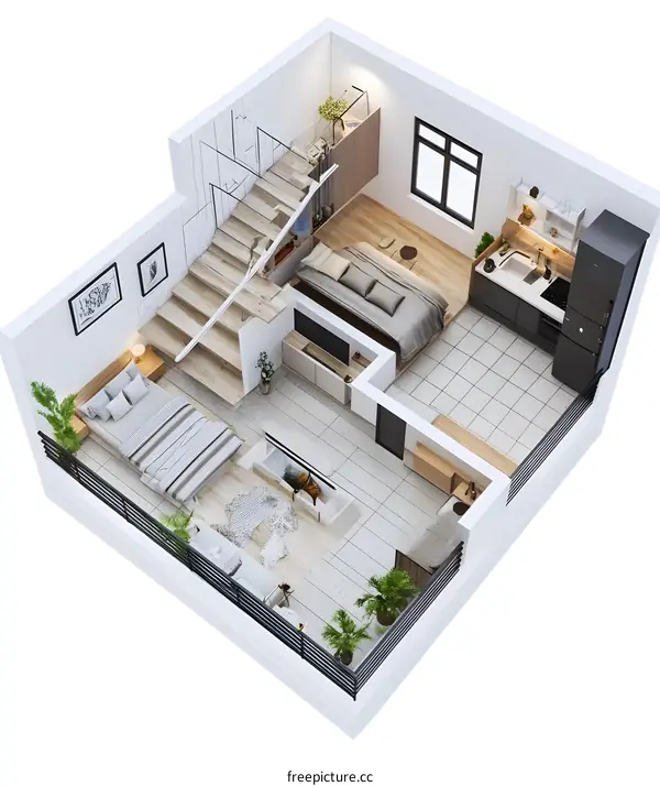 Top View of Modern Duplex Apartment with Balcony and Stairs