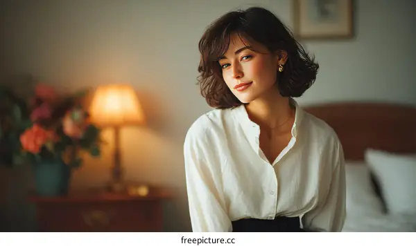 Elegant Woman in a White Shirt in a Cozy Interior