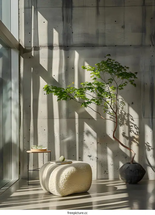 Minimalist Interior Design with Concrete Walls and Green Plant