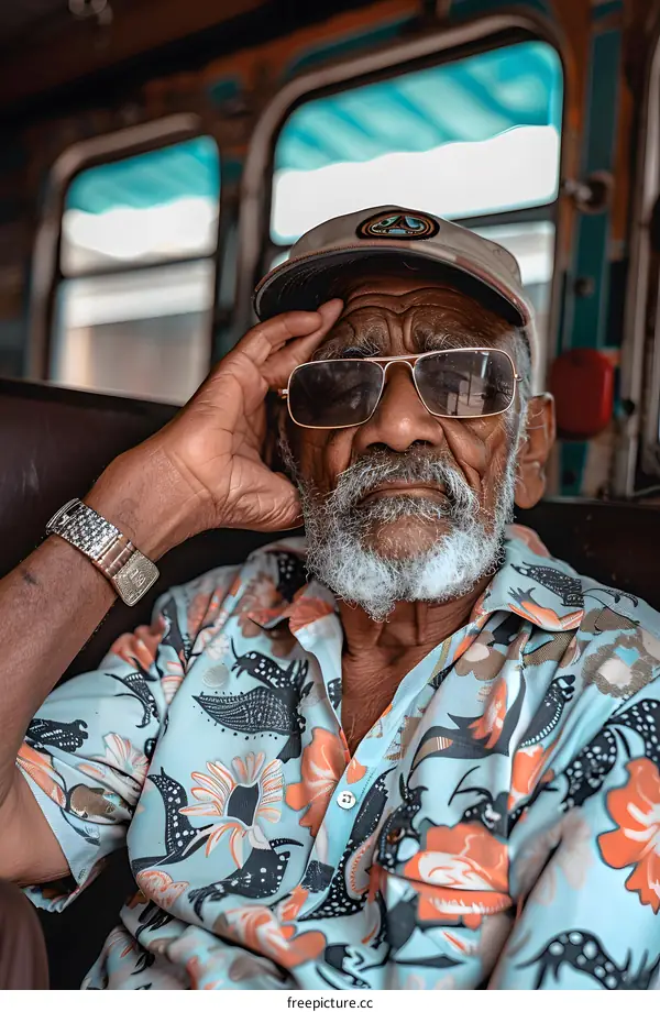 Portrait of an Elderly Man in a Bus Wearing Sunglasses and a Hat