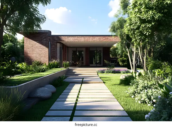 Modern House with Brick Exterior and Landscaping