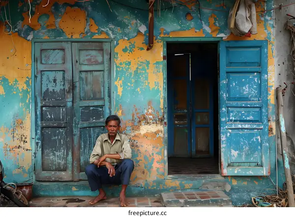 An old man sits in front of a colorful house