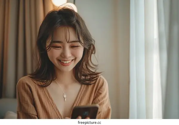 Asian woman smiling while looking at her phone