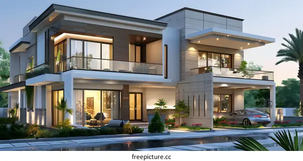 A 3D rendering of a modern house with a pool