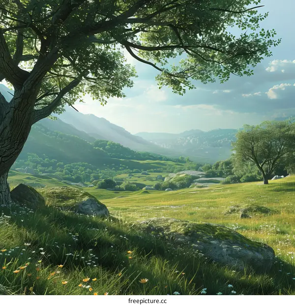 Fantasy Landscape with Verdant Rolling Hills and Majestic Trees