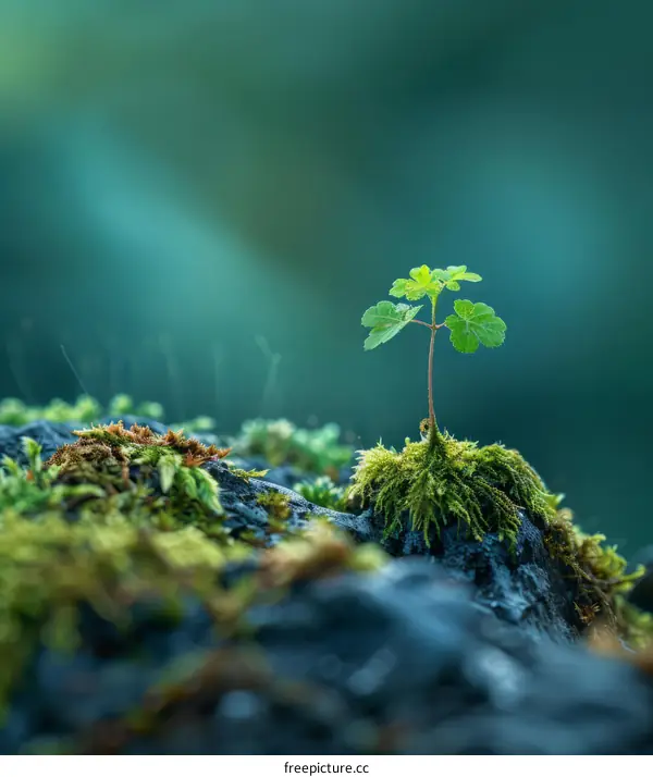 Tiny Plant Emerging from Mossy Rock in Forest
