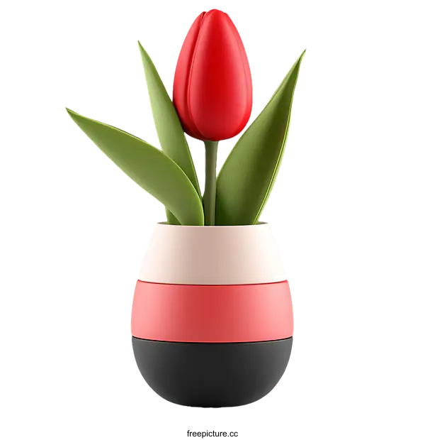[Transparent Background PNG]3D Rendered Tulip in a Multi-Colored Vase