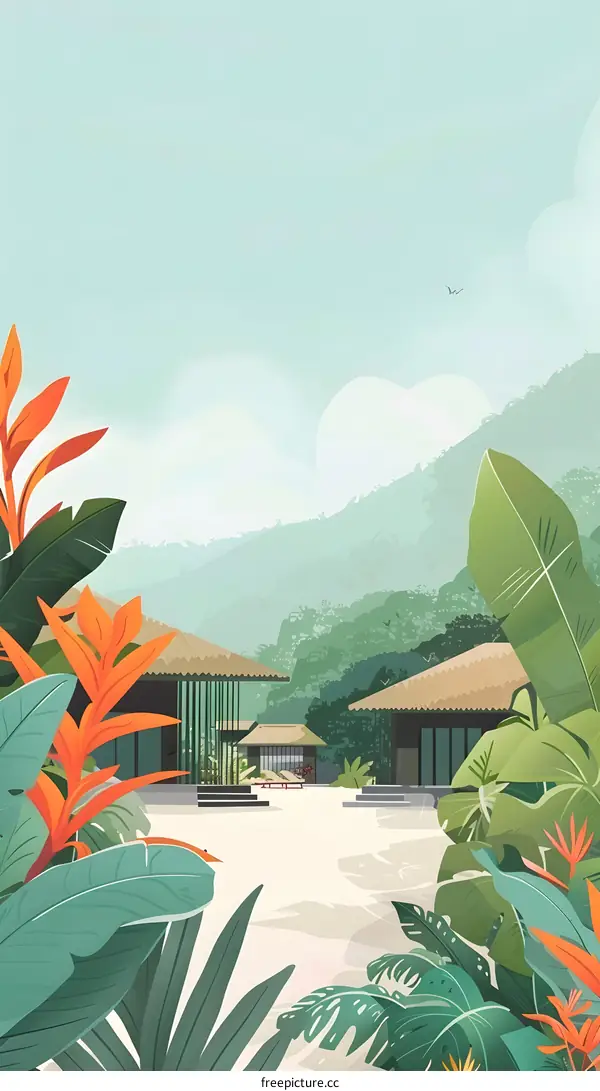 Tropical Villa with Lush Greenery and Mountain View