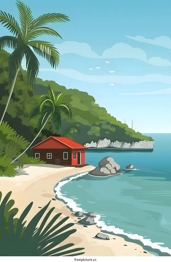 Tropical Beach Scene with Red Cottage and Palm Trees