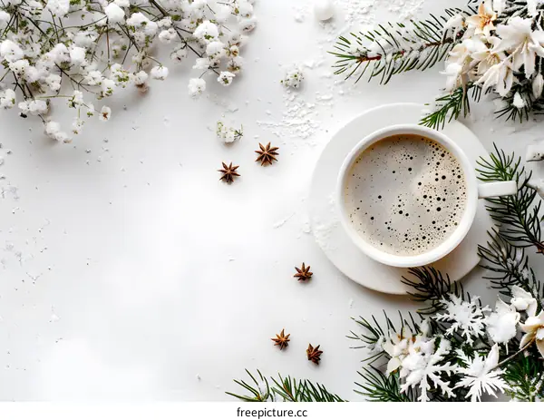 Winter Coffee and Decorations on White Background