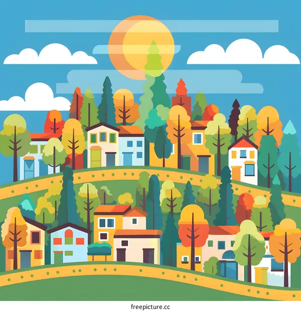 Colorful Flat Illustration of a Small Town with Houses and Trees
