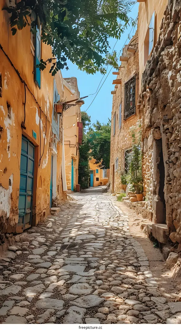 Narrow street with stone buildings in Sidi Bou Said, Tunisia