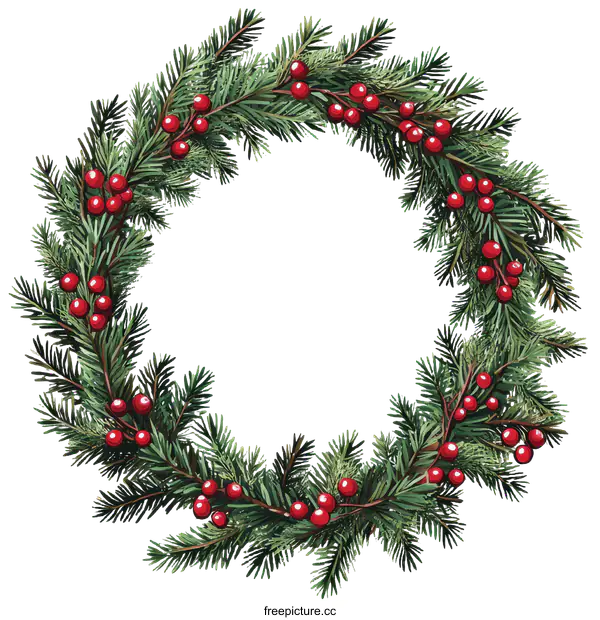 [Transparent Background PNG]Christmas Wreath Illustration with Fir Branches and Berries