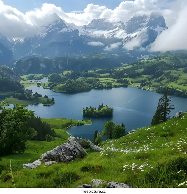 mountain lake landscape with green hills and blue sky