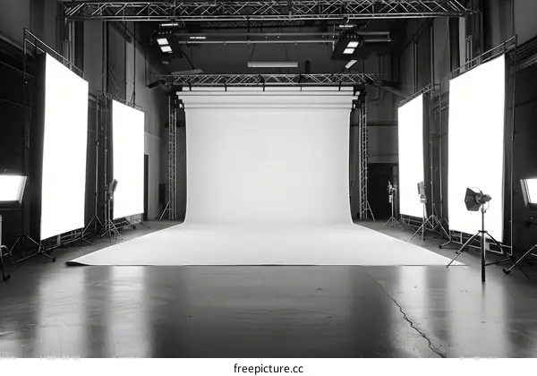 Black and white photo of empty photo studio with white background and lighting equipment