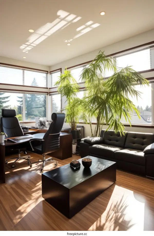 Office with large windows and a tall plant in the center