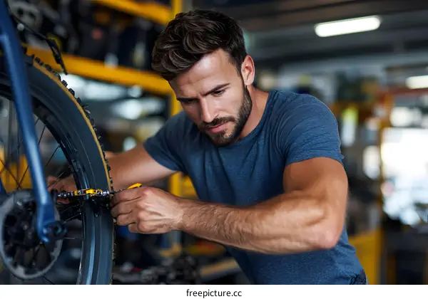 Man Fixing Bicycle Chain in Workshop