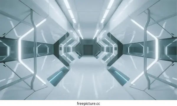 Futuristic White Corridor with Geometric Shapes and Lights