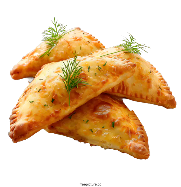 [Transparent Background PNG]Four baked triangular-shaped pastries with a golden crust and green garnish on a white background