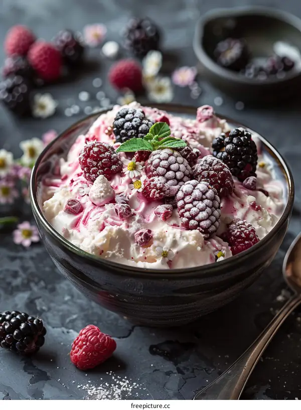 Blackberries and raspberries with cream