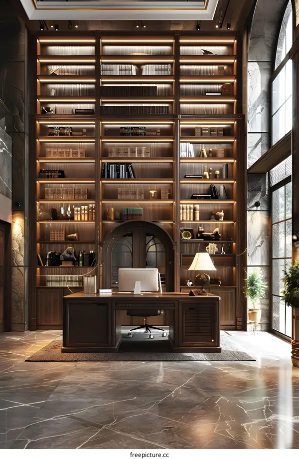 Luxurious Home Office with Floor to Ceiling Bookshelves