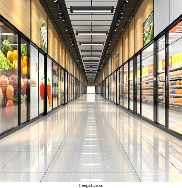 Empty Supermarket Aisle with Fruits and Drinks