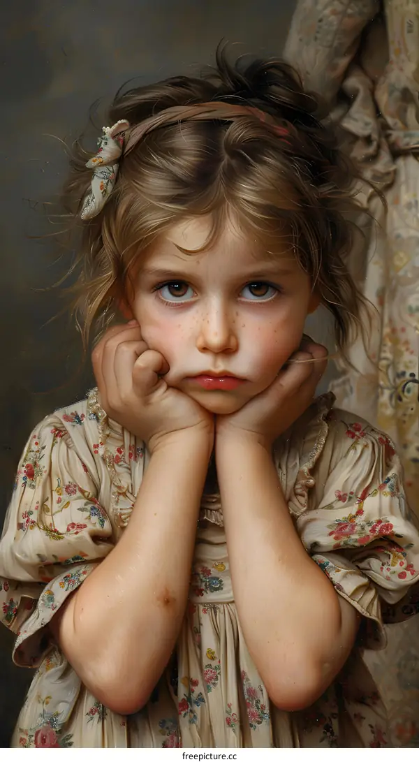 Portrait of a girl with freckles and brown hair wearing a floral dress