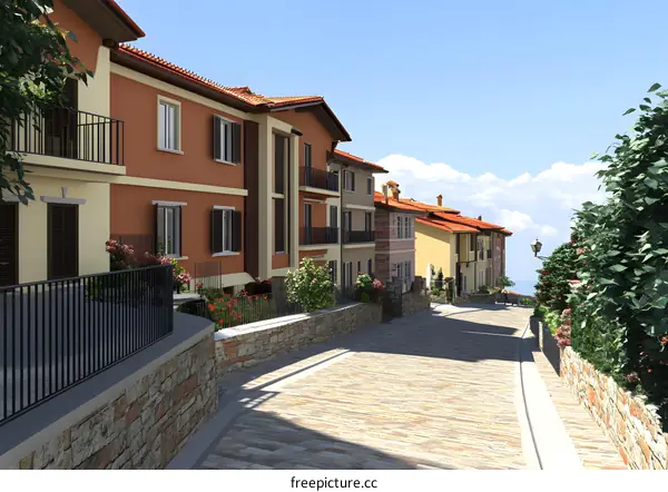 Mediterranean Style Townhouses With Cobblestone Street