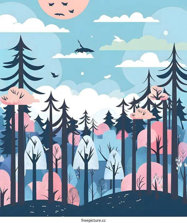 Illustrated Landscape With Forest Trees And Blue Sky