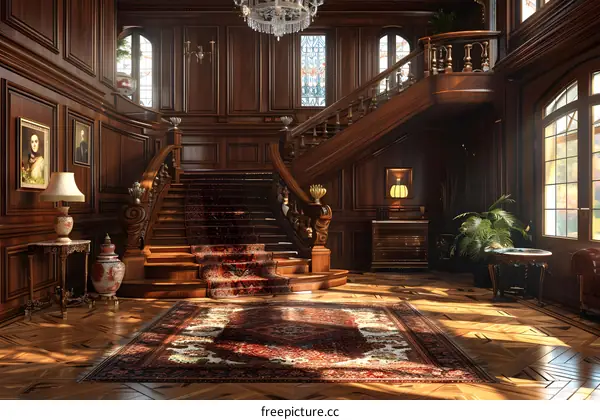 European style luxurious retro indoor mansion living room with stairs