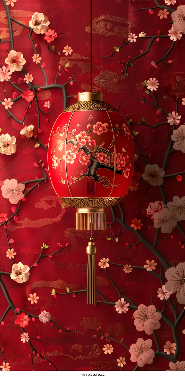 A red lantern with pink flowers